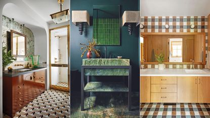 Three decorative bathrooms with patterned walls and floors